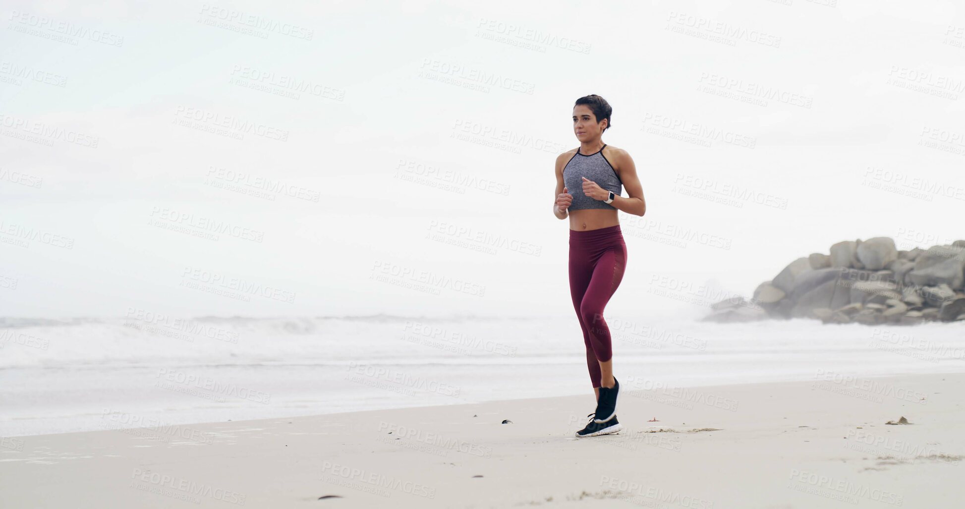 Buy stock photo Woman, workout and run on beach for exercise, fitness or outdoor wellness or fresh air. Female person, athlete or runner with marathon, preparation and cardio training with space in nature for health
