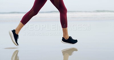 Buy stock photo Running, legs and fitness with woman at beach for health, cardio workout and sports training. Marathon practice, exercise and runner challenge with person outdoor for energy, athlete and wellness