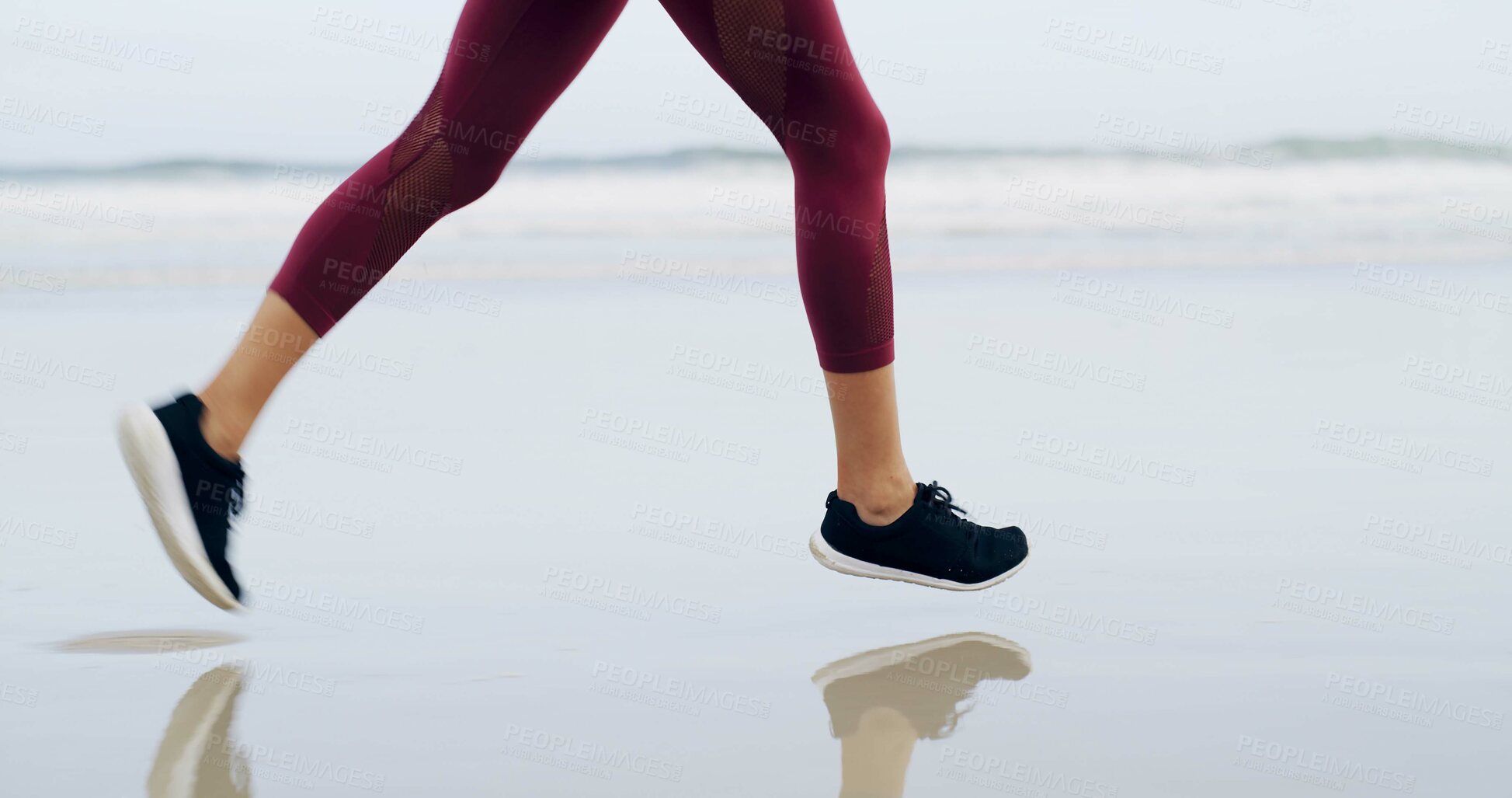 Buy stock photo Running, legs and fitness with woman at beach for health, cardio workout and sports training. Marathon practice, exercise and runner challenge with person outdoor for energy, athlete and wellness
