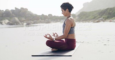 Buy stock photo Lotus pose, meditation and woman on beach with peace, mindfulness and zen for breathing. Namaste, balance and female person with yoga for wellness, health and exercise with calm on mat by ocean.