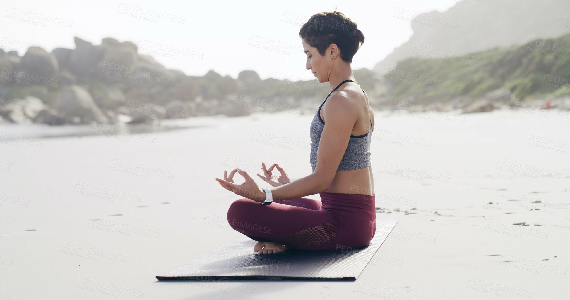 Buy stock photo Lotus pose, meditation and woman on beach with peace, mindfulness and zen for breathing. Namaste, balance and female person with yoga for wellness, health and exercise with calm on mat by ocean.