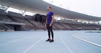 Buy stock photo Man, athlete and thinking at stadium for training routine, challenge and outdoor on track. Person, runner and perspective at arena with fitness, exercise and ready for workout at sports club in Spain