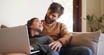 Buy stock photo Couple, talking and people with laptop, home or discussion for review of movie on website in lounge. Happy, man and woman with tech for entertainment, comfortable and bonding with film in living room