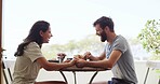 Breakfast, holding hands and laughing with couple on balcony of home together for bonding. Funny, love and morning with happy people outdoor at apartment for anniversary, honeymoon or romance