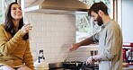 Couple, cooking and wine with support in kitchen for healthy dinner, funny conversation or bonding. Food, people or meal preparation in home for organic lunch, gourmet recipe or relationship security