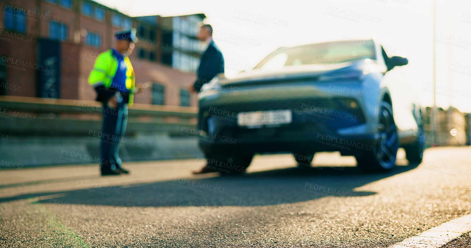 Buy stock photo City, men and traffic stop of car, police officer and questions for security checkpoint and talking. Outdoor, law enforcement and conversation with driver, public safety or violation of rules on road