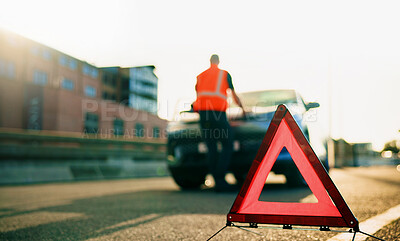 Buy stock photo Triangle, warning and car accident, road and engine inspection for public safety, mechanic and city. Person, technician and checking cause of breakdown, outdoor and caution on street, alert or danger