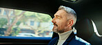 Thinking, window and business man in taxi for transportation, conference trip or reflection. Private chauffeur service, commute and vision with mature person in car for idea, professional or travel