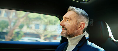 Buy stock photo Thinking, window and business man in taxi for transportation, conference trip or reflection. Private chauffeur service, commute and vision with mature person in car for idea, professional or travel