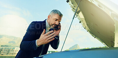 Buy stock photo Business man, phone call and car problem in city with stress, insurance or roadside assistance. Frustrated, mature person and talk on tech for vehicle breakdown, help or mechanical crisis outdoor