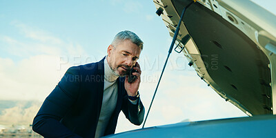 Buy stock photo Man, phone call and car problem in city with stress, insurance or roadside assistance. Frustrated, mature person and talk on tech for vehicle breakdown, help or confused by engine issue outdoor