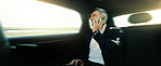Backseat, phone call and travel with business man in car for commute or ride share to work location. Communication, conversation and drive with mature person in taxi for transport as passenger