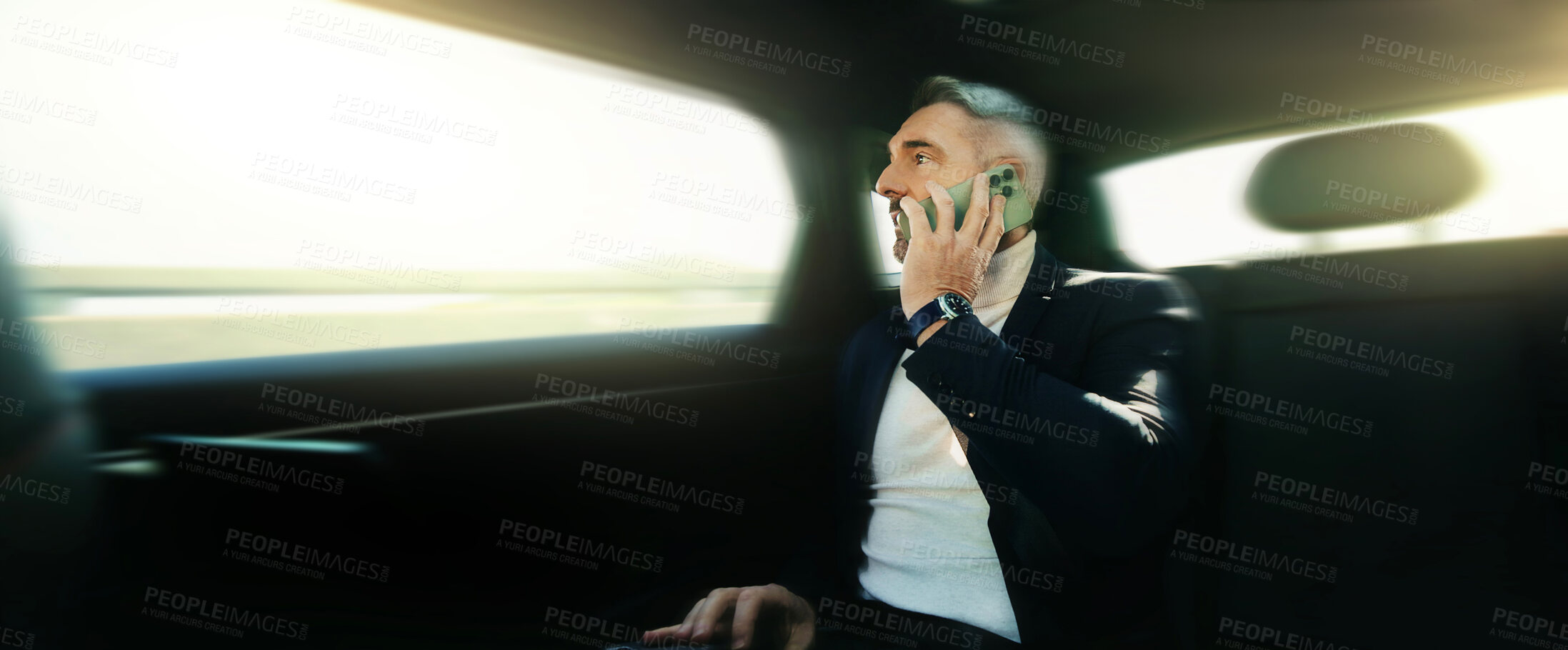 Buy stock photo Backseat, phone call and travel with business man in car for commute or ride share to work location. Communication, conversation and drive with mature person in taxi for transport as passenger