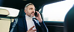 Travel, ceo and man with in car, phone call and communication with contact for business opportunity. Passenger, discussion or mature person with mobile for networking, talking and journey in vehicle