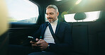 Business, commute and phone with passenger man in car for agenda, schedule or text message. Drive, ride share and travel with mature employee in backseat for communication or transportation to work