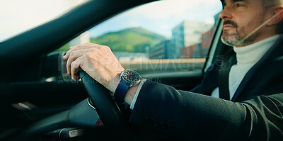 Buy stock photo Business, man and driving in city with car for travel to work, journey and delay with employee. Mature person, steering wheel and driver in vehicle for morning commute, transport waiting and highway