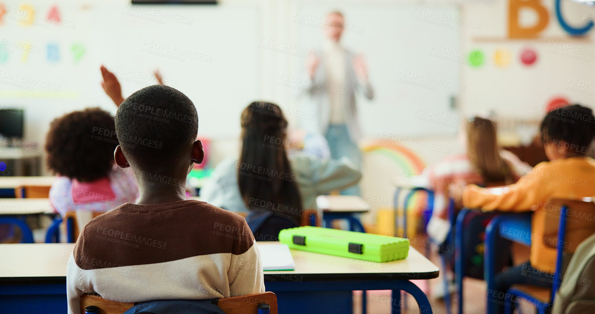 Buy stock photo Learning, lesson and teacher with kids in classroom for education, support or listening. Teaching, scholarship and studying with students and man in school for child development, knowledge and growth