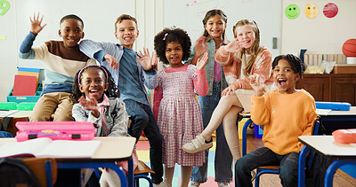 Buy stock photo Education, portrait and children with wave in classroom together for learning, growth or development. Friends, smile and happy student kids in back to school class for excited, knowledge or academics