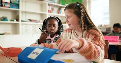 Buy stock photo Girl, children and drawing with smile in classroom, art and development at elementary school. Kids, friends and sketching with paper, creativity and happy with stationary for education at academy