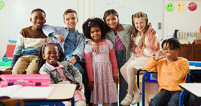 Buy stock photo Education, portrait and children or friends in classroom together for learning, growth or development. Embrace, smile and happy student kids in back to school class for knowledge, hug and academics
