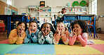 Portrait, group and children in classroom, happy and bonding in elementary, growth and development. School, kids and smile for knowledge, learning and education for students, academic or excited