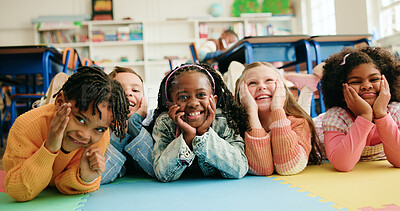 Buy stock photo Classroom, happy kids and students on floor for education, diversity or elementary school. Children, boys and group of girls laugh with friends for learning, future development or smile with portrait