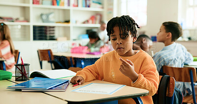 Buy stock photo Math, count or boy in classroom for learning education, daycare or solution with students. Kindergarten, quiz or smart kid at school for child development, numeracy assessment or knowledge evaluation