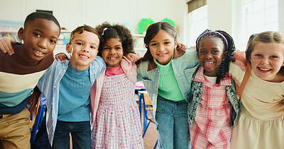 Buy stock photo Education, portrait and kids or friends in classroom together for learning, growth or development. Embrace, smile and happy student children in back to school class for knowledge, hug and academics
