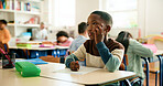 Thinking, writing or boy in classroom for learning education, daycare or solution with students. Kindergarten, quiz or smart kid at school for child development, assessment or knowledge evaluation 