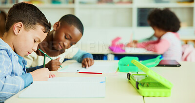 Buy stock photo Learning, pencil and friends in classroom for creative, test and art assignment or study. Kids, students and coloring in lesson for children, education and project for development together at school