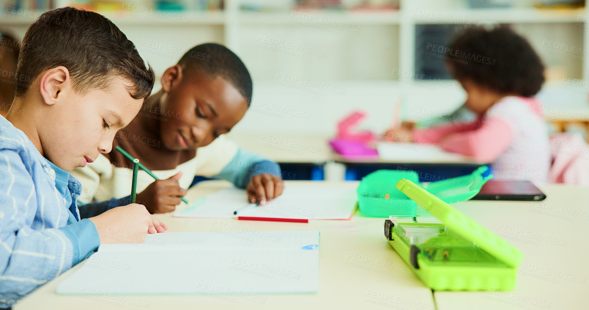 Buy stock photo Learning, pencil and friends in classroom for creative, test and art assignment or study. Kids, students and coloring in lesson for children, education and project for development together at school