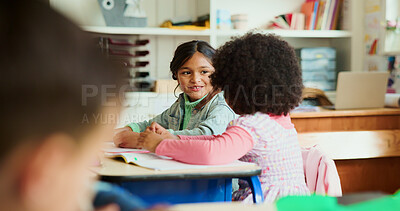 Buy stock photo Talking, students and girls in classroom, education or learning with conversation. Knowledge, school or kids with discussion, academy or chatting in morning, share story or support with development