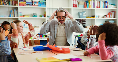 Buy stock photo Learning, dance and kids with teacher in classroom for education song, support and anatomy lesson. Singing, child development and game with students and man in school for knowledge and teaching