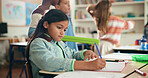 Girl, writing and book for learning in classroom, development or notes for assessment at academy. Child, paper and thinking with solution, problem solving and task for education at elementary school