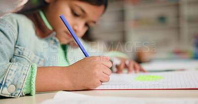 Buy stock photo Education, hand and child writing in notebook, drawing and creative in elementary school. Pencil, girl and kid with book in classroom for art project, learning and student with color for development