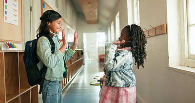 Buy stock photo High five, girls and students in school, smile and knowledge with hello, learning and excited. Education, friends and children with gesture, happiness or greeting with academic development or support
