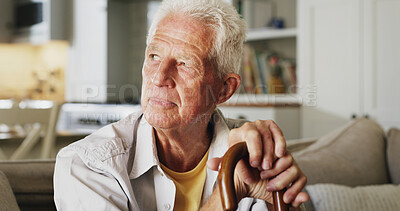 Buy stock photo Senior man, thinking and retirement with cane for memory, nostalgia or regret in old age home. Elderly, male person or contemplating with walking stick, vision or wonder on couch for past in house