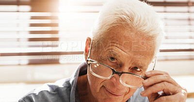 Buy stock photo Senior man, portrait and home with glasses for retirement reading, eye care or sight in apartment. Elderly, male person or pensioner with spectacles for optometry, visual aid or perception in house