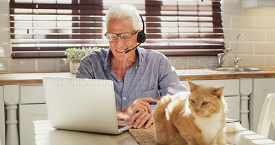 Buy stock photo Man, remote work and headset with laptop at house for customer service, advice and help client. Mature person, freelancer and consultation on PC with cat, FAQ and CRM assistance for solution feedback