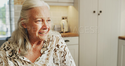 Buy stock photo Thinking, senior woman and crying at house with depression, mourning loss and sad memory. Emotional, elderly person and grief for broken heart, loneliness and sorrow of nostalgia reflection in lounge