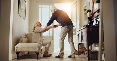 Buy stock photo Senior couple, helping hand and door with support for love, trust or commitment together in home. Elderly, man and woman with helpful partner by entrance for old romance or retirement walk in house