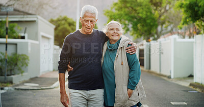 Buy stock photo Walking, hug and senior couple with retirement, outdoor and wellness with relationship. Fitness, neighbourhood and old man with mature woman, embrace and marriage with hobby and morning routine