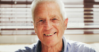 Buy stock photo Smile, relax and portrait of senior man in home with confidence, pensioner and positive attitude. Happy, pride and face of elderly male person in retirement from London with calm weekend in house.