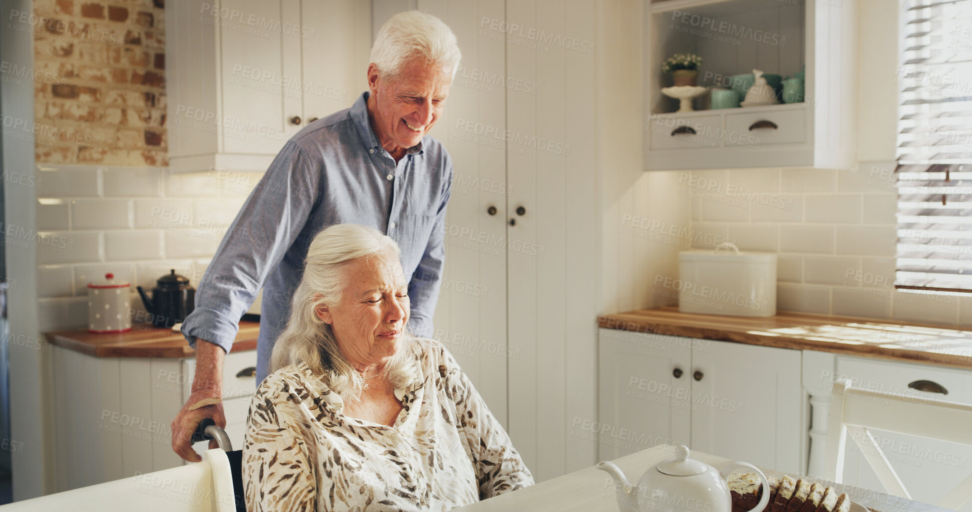 Buy stock photo Food, tea and wheelchair with old couple in kitchen of home together for retirement or wellness. Breakfast, hunger and senior man pushing woman with disability in apartment for start of morning