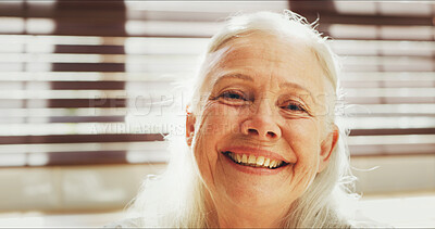 Buy stock photo Portrait, old woman and laughing in kitchen, retirement or funny memories in nursing home and break. Assisted living, nostalgia and elderly person with humor, wellness and relax in house or weekend