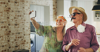 Buy stock photo Retro, senior couple and selfie in home, happy and memory on social media, love and profile picture. Photography, elderly man and vintage with old woman in kitchen, bonding or commitment in marriage
