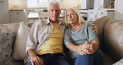 Buy stock photo Senior couple, relax and watching tv on sofa with bonding together, streaming series or show. Retirement, elderly people and hug in house with movie subscription, weekend break and film entertainment