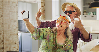 Buy stock photo Cool, retro and selfie for senior couple, romance or memory on social media, love or profile picture. Photography, elderly man and vintage with old woman in kitchen, bonding or commitment in marriage