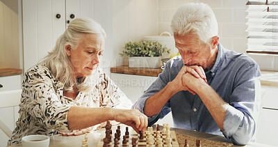Buy stock photo Senior couple, chess and playing in home with strategic thinking, problem solving and bonding. Retirement hobby, old people and relax with board game in house for challenge, brain power and decision