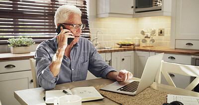 Buy stock photo Senior man, laptop and phone call in kitchen for pension fund query, budget planning or online help. Technology, old person and talking to financial agent in home for loan application and assistance